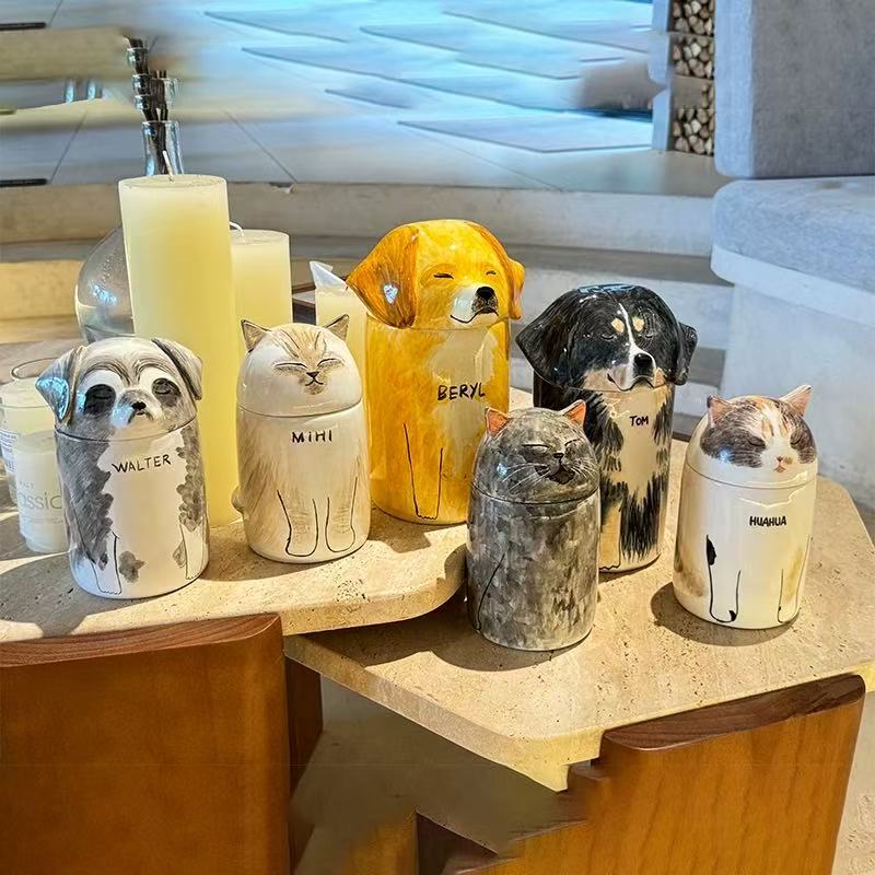 Dog-shaped ceramic material urn for ashes